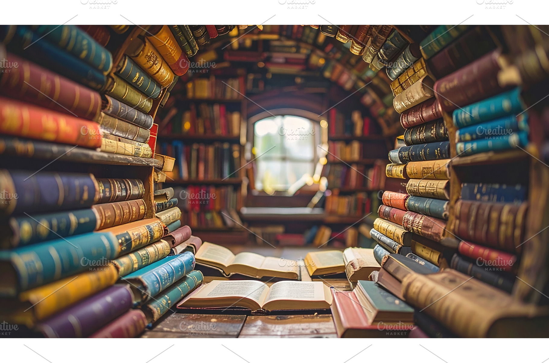 A tunnel of stacked antique books, a School & Education Photo by Igor Tichonow