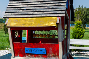 Vibrant children's playhouse with a welcome sign, wood roof, and red walls, set, a Person Photo by Ales Munt