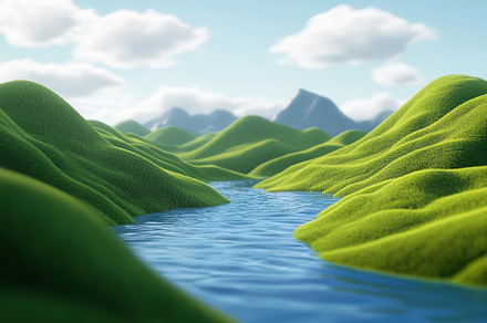 Lush green hills surround a serene r, a Photo by Tanuart