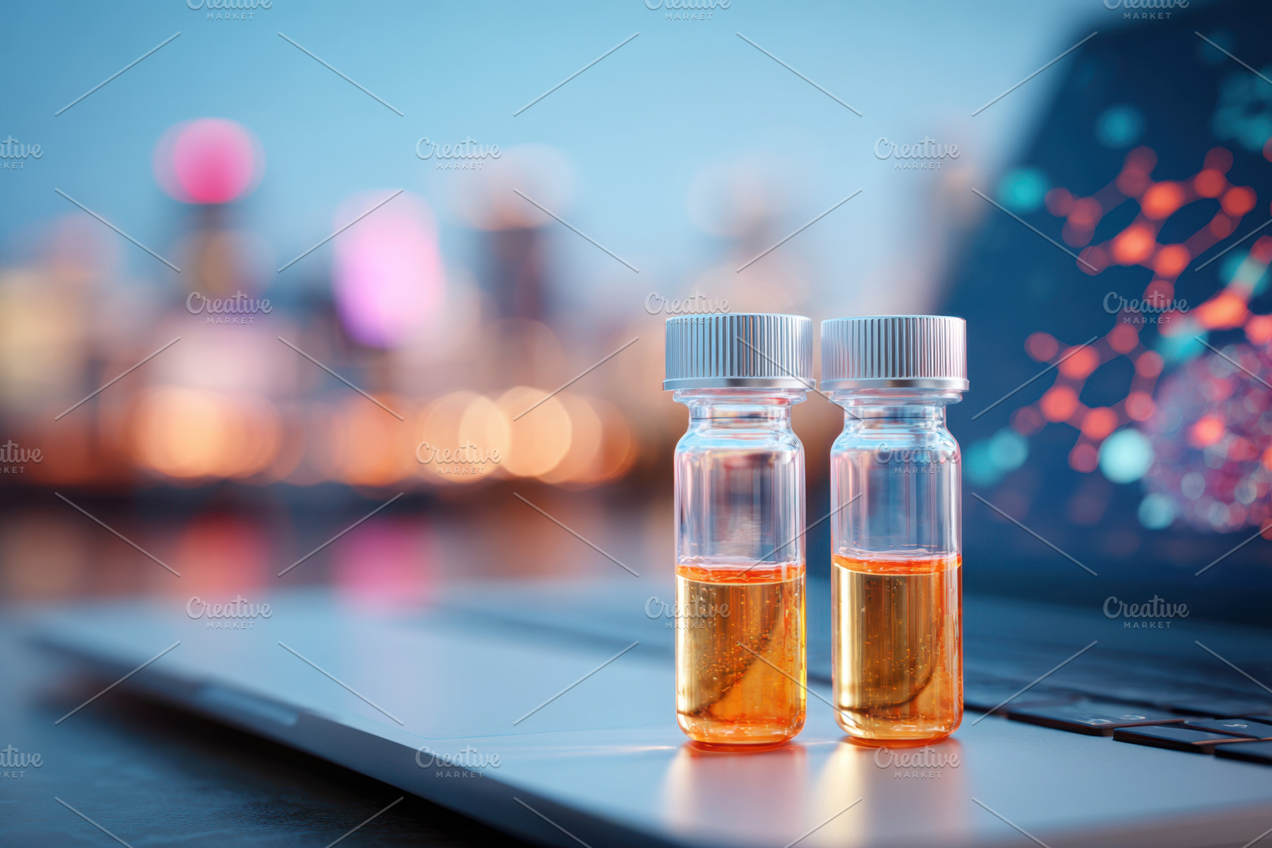 Colored liquid vials in a modern workspace, a Health & Medical Photo by AlyaAnd