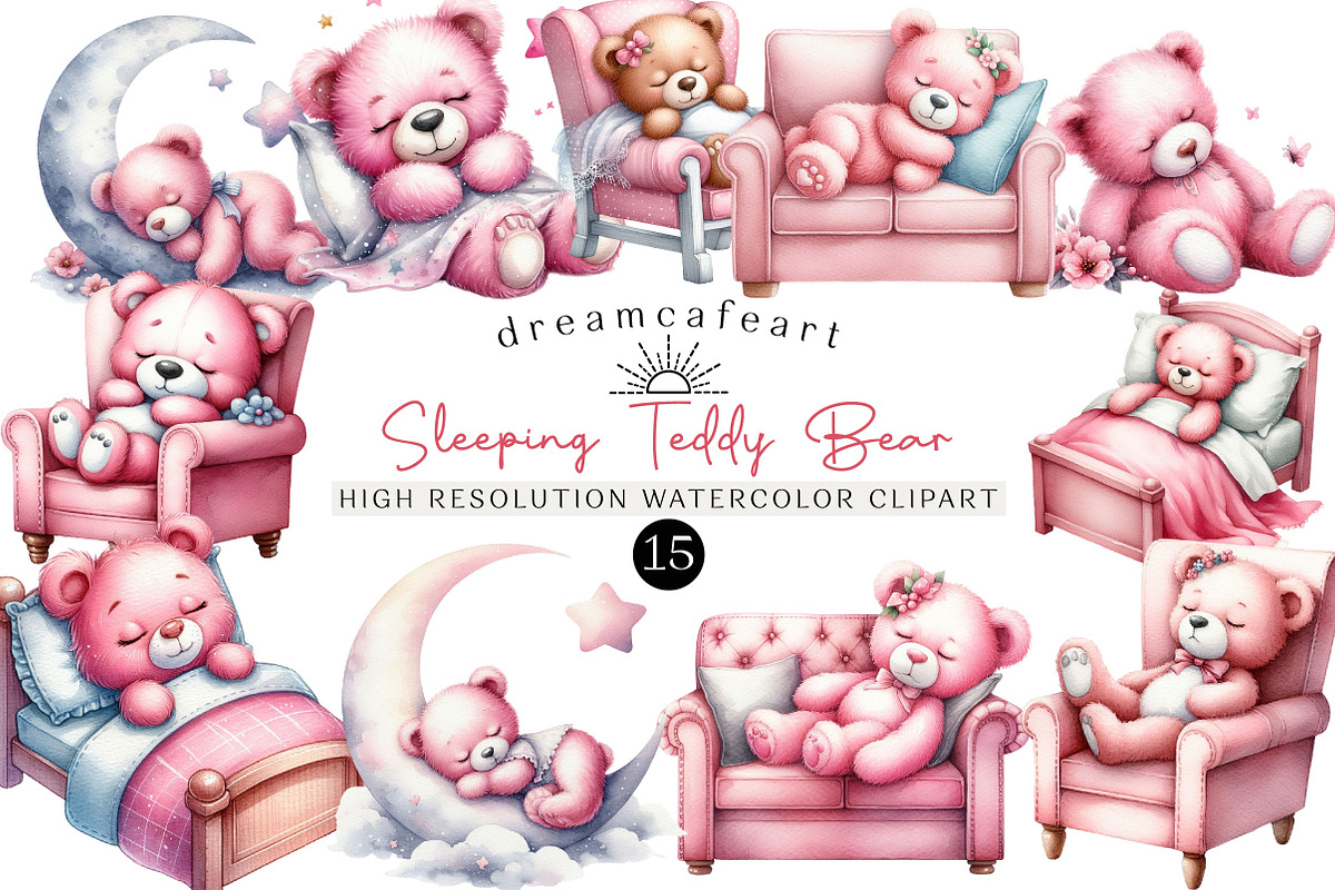 Sleeping Teddy Bear Clipart, an Illustration by DreamCafeArt (Photo 1 of 6)