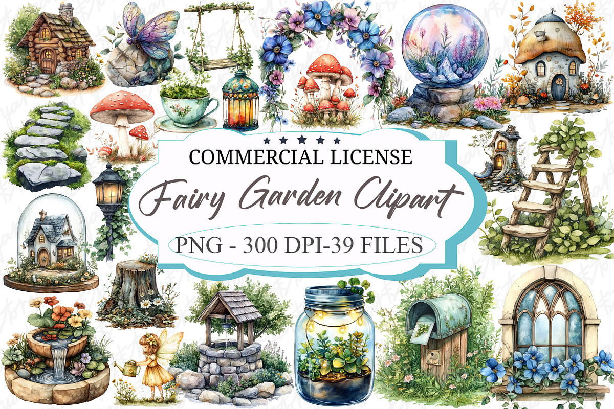 Fairy Garden Watercolor Clipart, an Illustration by designcity5 (Photo 1 of 5)