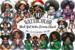 Black Girl Winter Evening Clipart, an Illustration by Designking