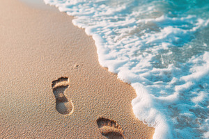 Footprints on a sandy beach by the ocean, a Nature Photo by AlyaAnd