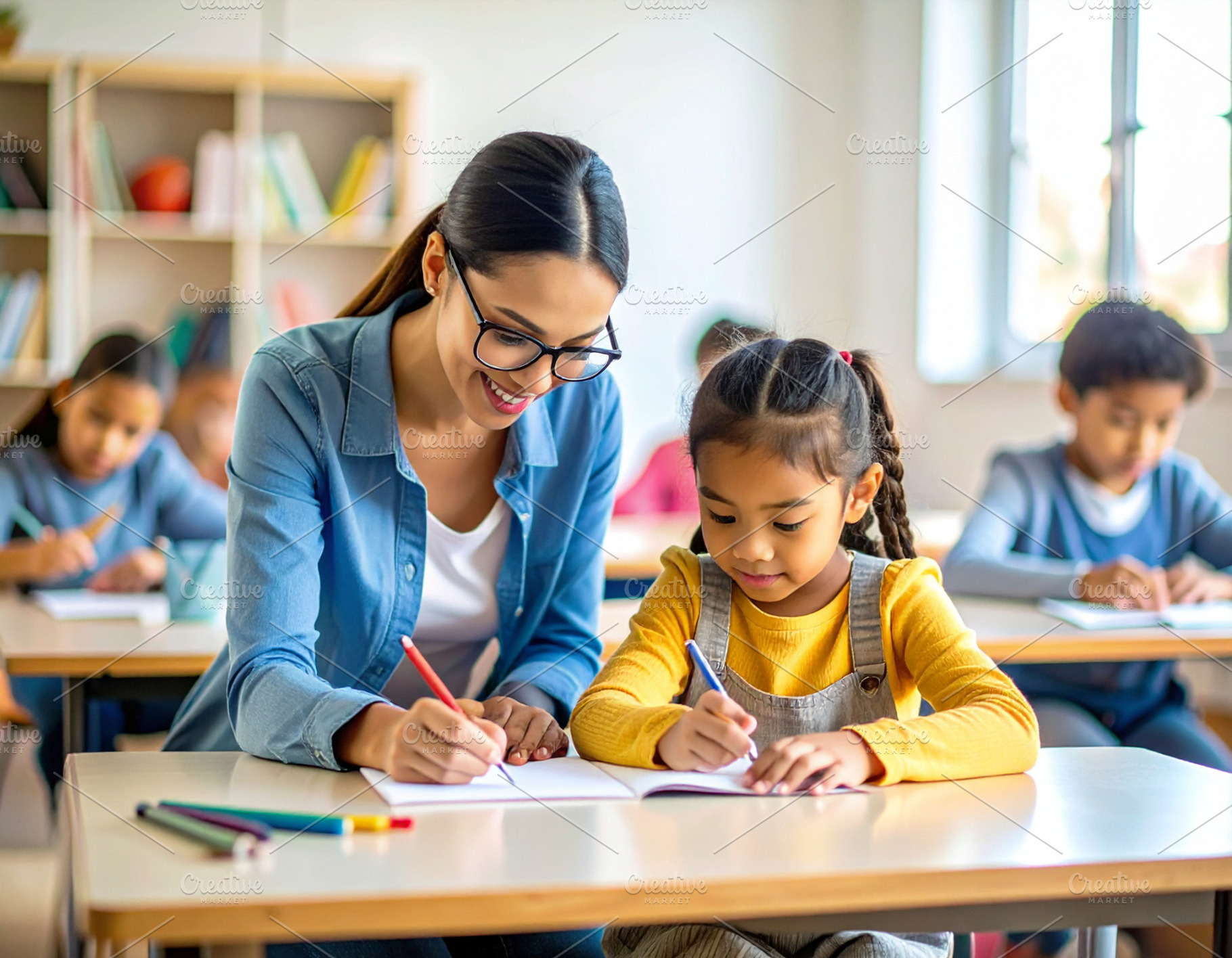 Young teacher with asian girl at classroom, a School & Education Photo by DanFLCreativo