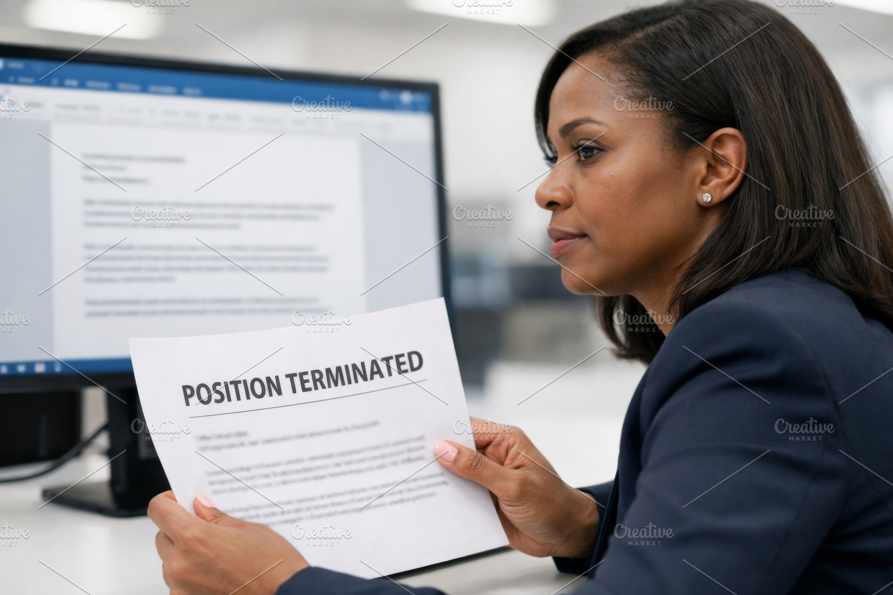Businesswoman holding termination no, a Photo by Dvoevnore photos