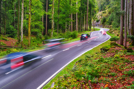 Road among the forest. Fast traffiC, a Transportation Photo by Landscape and travel