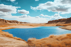 Serene desert landscape with a calm, a Photo by Tanuart