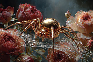 Golden Spider in Rose Garden Dewdrop, an Abstract Photo by Pixeness Studio