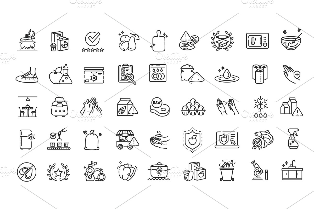 Set of outline food safety icons, a Food Illustration by Tettygreen (Photo 3 of 3)
