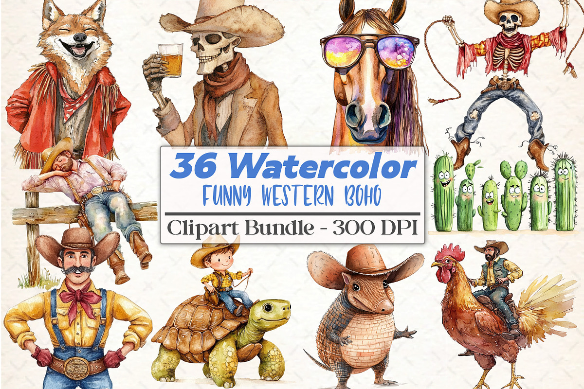 Watercolor Funny Western Boho Clipar, an Illustration by DreamCafeArt (Photo 1 of 5)