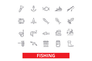 Fishing boat, rod, yachting, hook, fish, fisherman, sea food line icons. Editable strokes. Flat design vector illustration symbol concept. Linear signs isolated on white background, an Outline Icon by urban icon