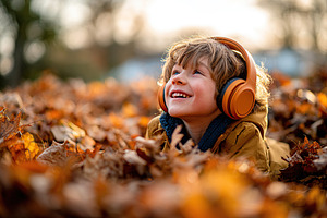 Happy child enjoying autumn leaves while wearing headphones and smiling in the, a Photo by AlyaAnd