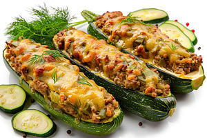 Zucchini stuffed with cheese and meat on white background, a Food & Drink Photo by AlyaAnd