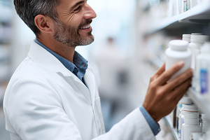 Smiling pharmacist in a white lab, a Health & Medical Photo by MistyDay