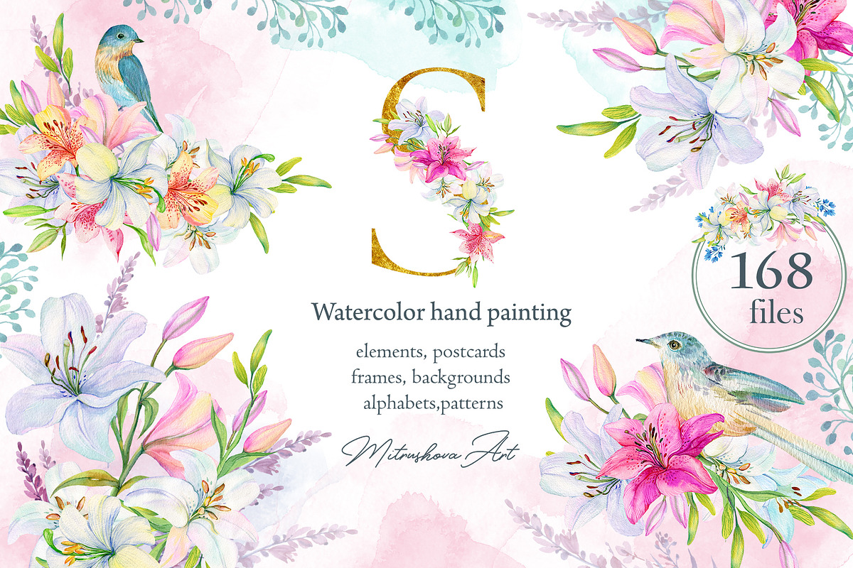 Lilies watercolor set, an Illustration by MitrushovaArt (Photo 1 of 14)