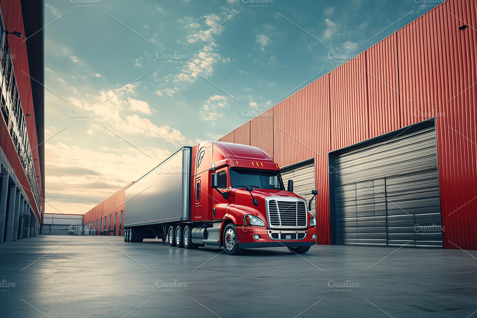 Modern warehouse building and parked semi truck, an Architecture Photo by AlyaAnd