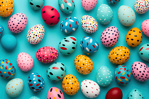 Colorful easter eggs on blue background, a Holiday Photo by AlyaAnd
