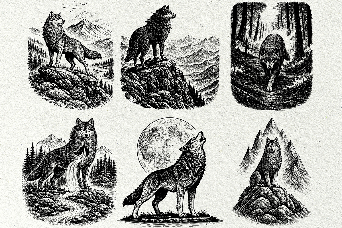 Wolf Wildlife Engraving Graphics, an Animal Illustration by DENIDigitalArtSudio (Photo 7 of 12)