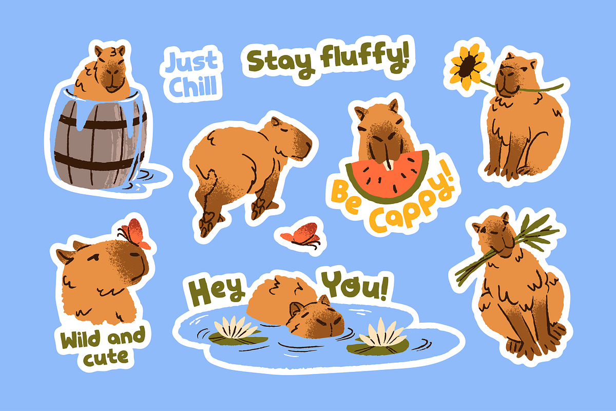 Cute capibaras set, stickers, cards, an Animal Illustration by PaperTrident (Photo 3 of 7)