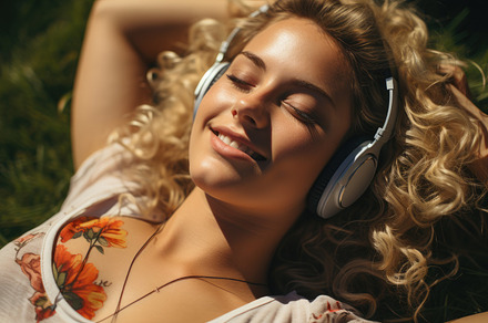 Young Girl Enjoying Music In Grassy Solitude After Longboard Rid, a Sports & Recreation Photo by designvectx