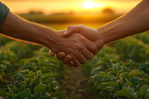 Close-up of two people shaking hands in a lush green crop field, a Nature Photo by José Manuel Gelpi