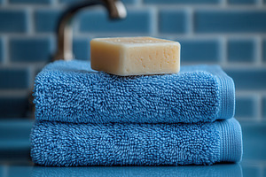 Soft blue towels stacked with a bar, a Photo by Tanuart