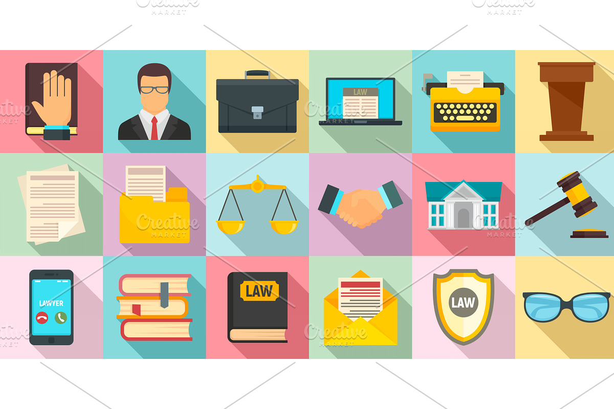 Lawyer icons set, flat style, an Object Illustration by Ylivdesign
