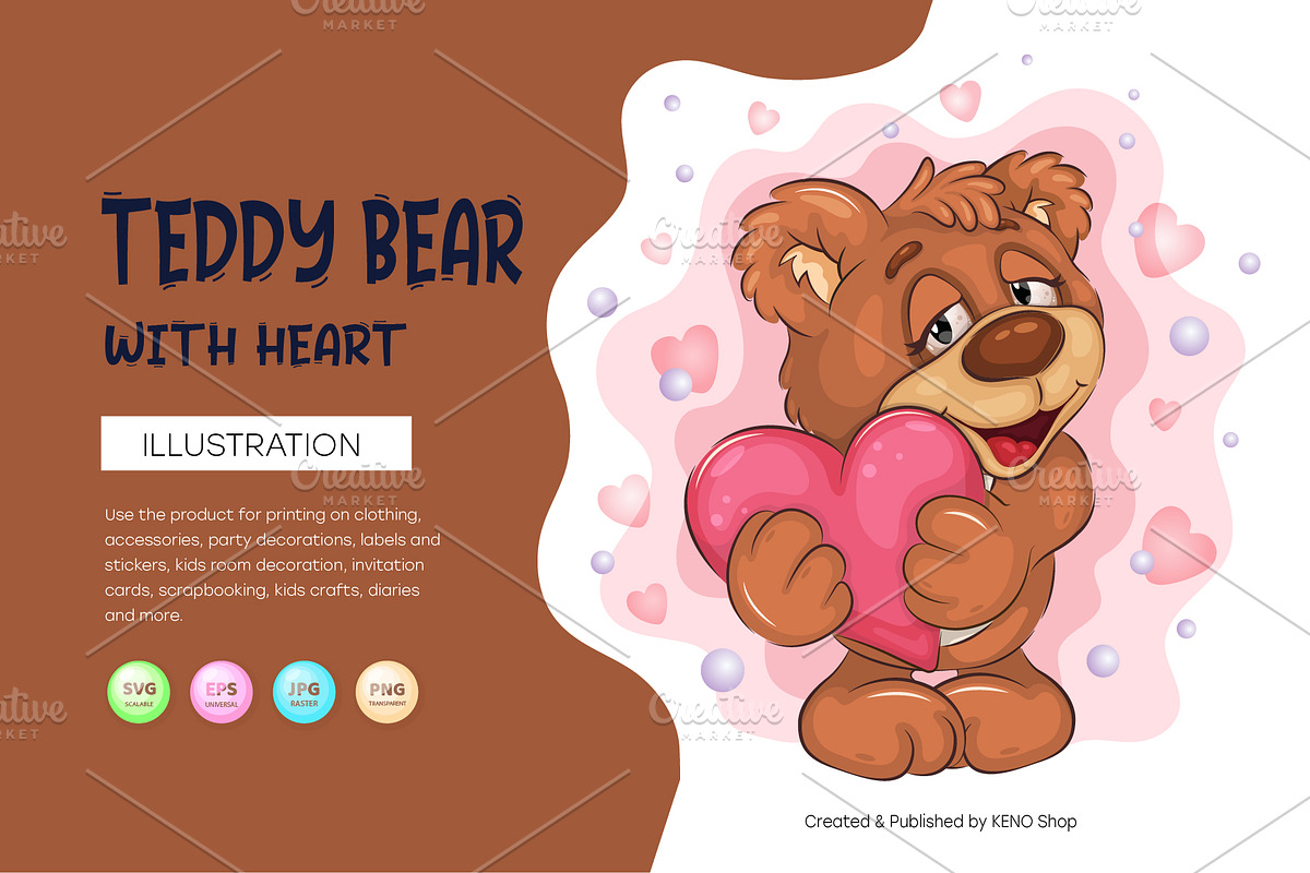 Cute Teddy Bear with Heart. T-Shirt., an Animal Illustration by KENO Mascots (Photo 1 of 3)