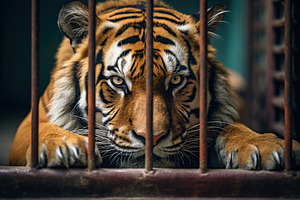 Tiger in animal cage in the zoo, an Animal Photo by AlyaAnd
