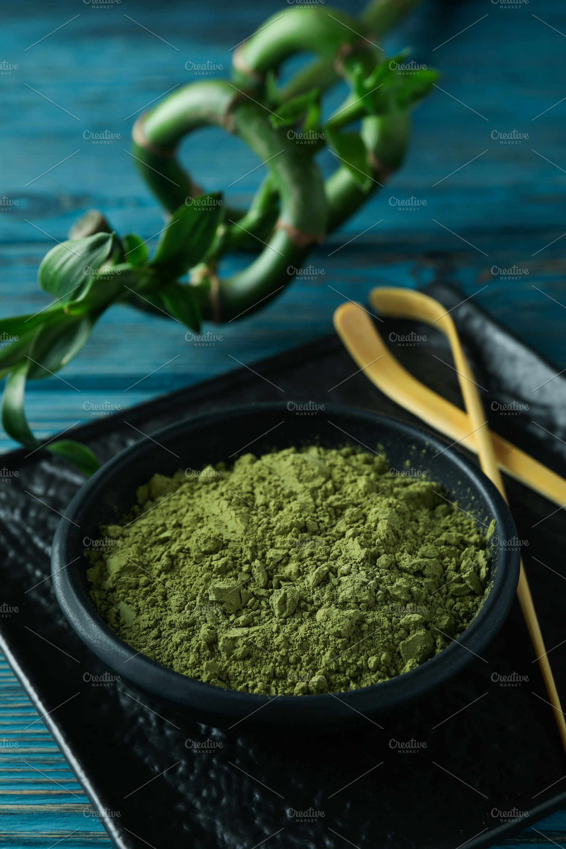 Concept of japanese tea with matcha on blue wooden table, a Food & Drink Photo by AtlasStudio PRO