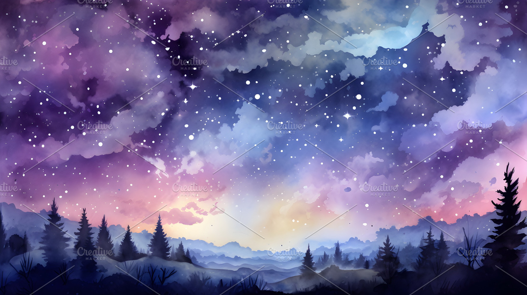 Watercolor night landscape with moon, clouds and stars, a Nature Photo by Mashimara
