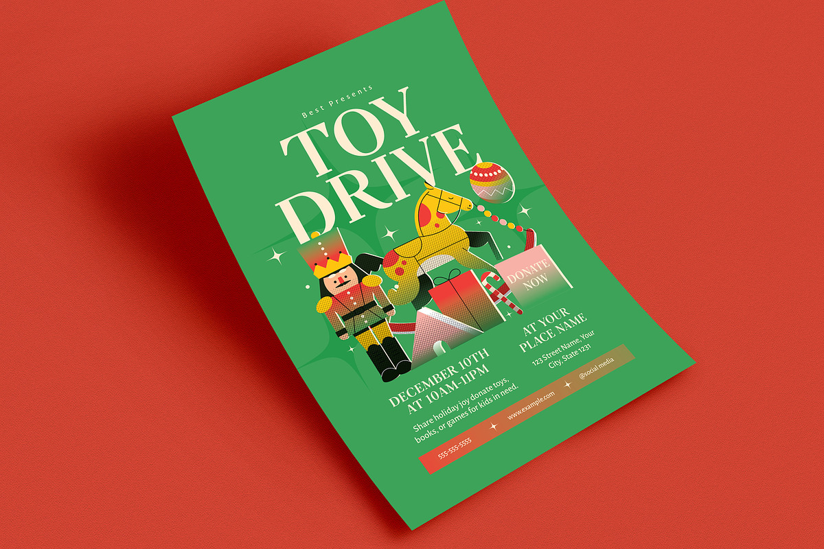 Green Modern Retro Toy Drive Flyer, a Flyer Template by VectorVactory (Photo 3 of 3)