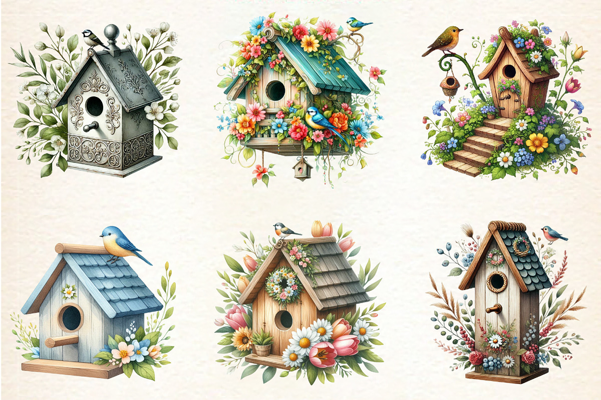Watercolor Spring Bird Houses, a Seasonal Illustration by DreamArtGraphic (Photo 4 of 5)