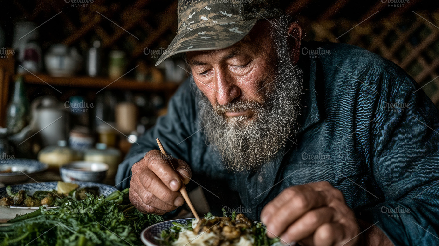 Elderly man enjoying a traditional hearty meal in rustic surroundings, a Photo by AS photostudio