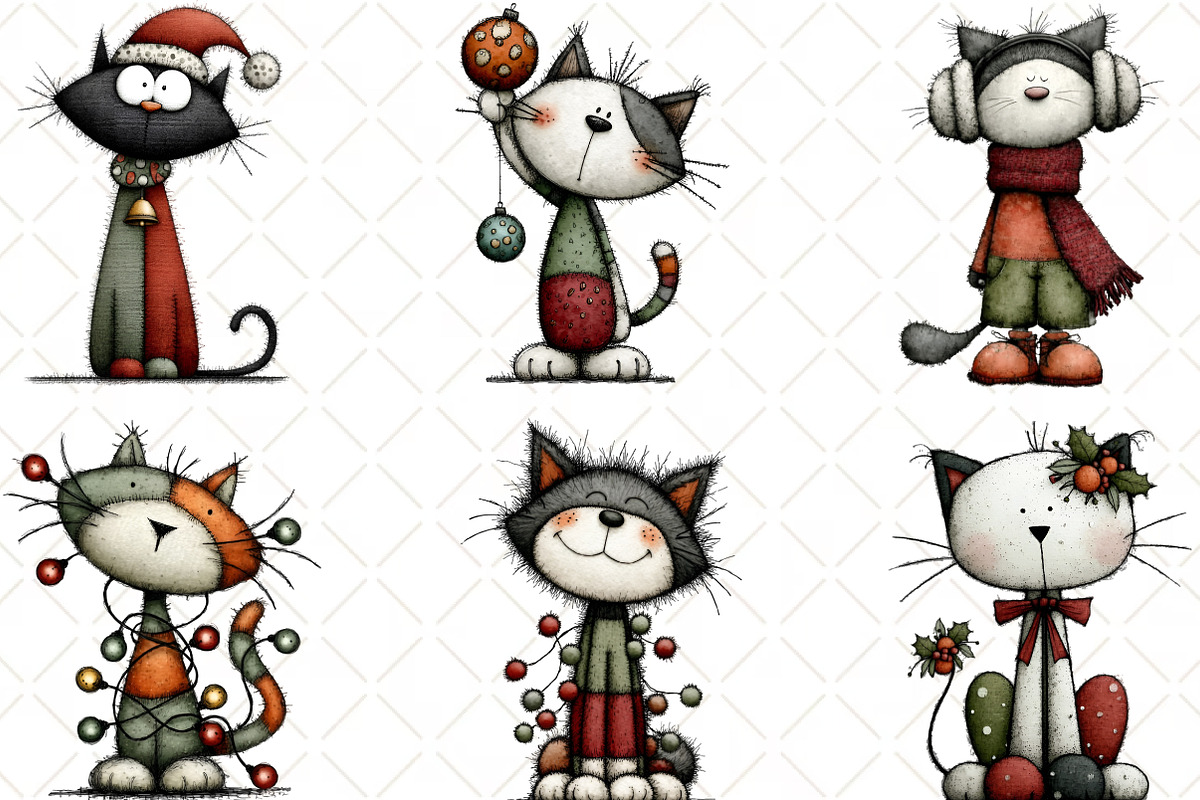Watercolor Christmas Cats Clipart, an Illustration by Black Bird Studio (Photo 2 of 6)