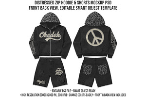 Distressed Zip Hoodie Set Mockup PSD