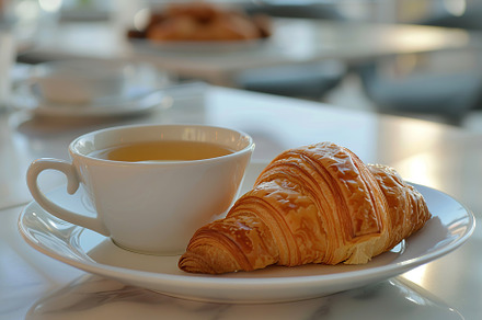 Cup of tea and croissant on white kitchen table, a Food & Drink Photo by AlyaAnd