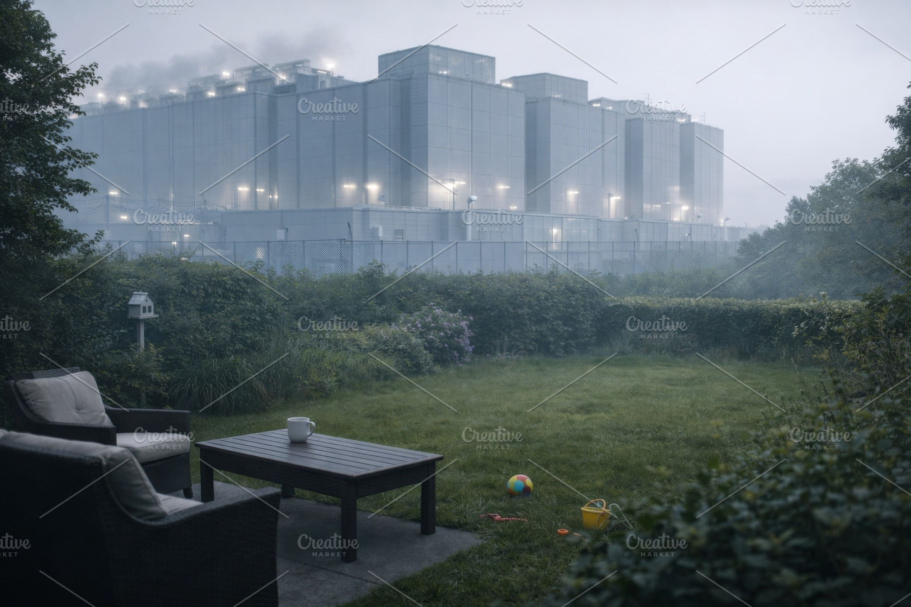 Data center under cloudy sky with garden in foreground, a Photo by Dvoevnore photos