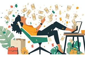 Woman enjoying financial success with online work in creative relaxing workspac, a Photo by AS photostudio
