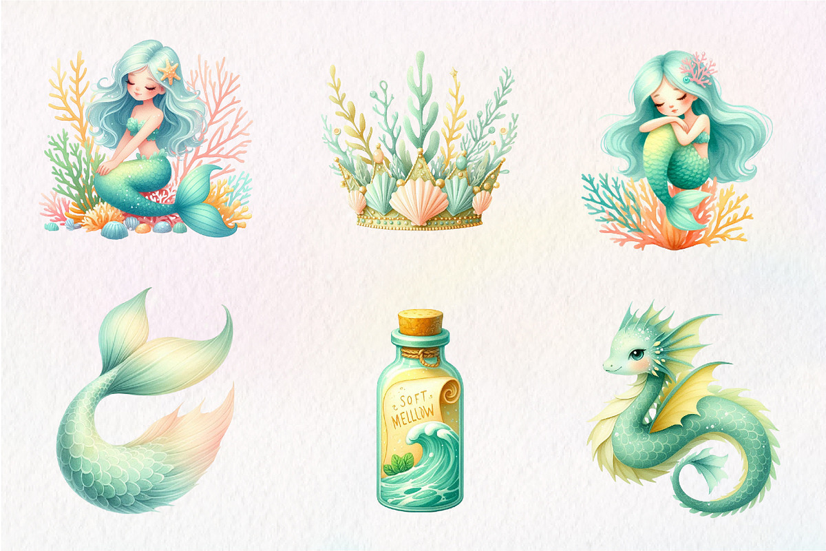 Summer Mermaid Watercolor Clipart, an Illustration by CreationArt (Photo 8 of 9)