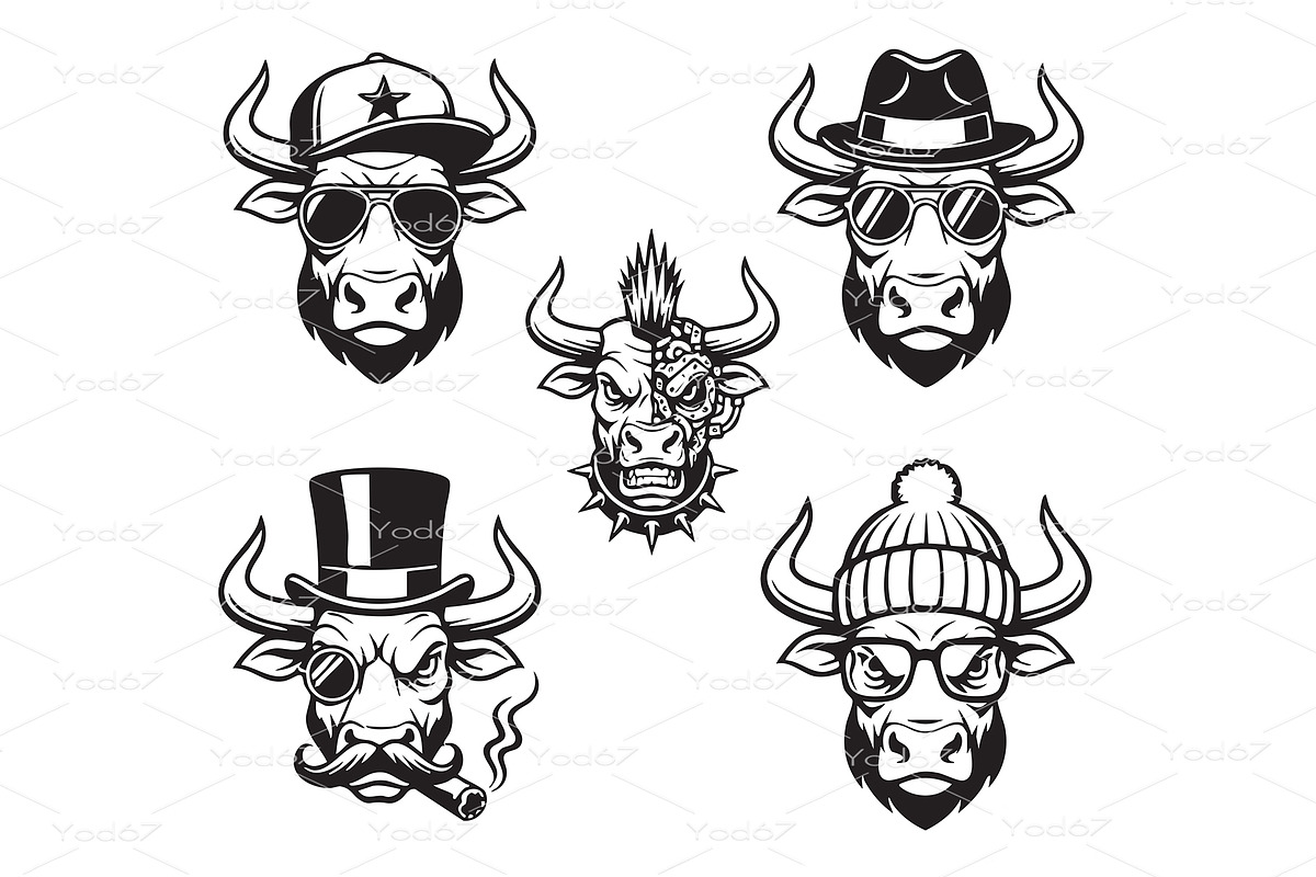 Collection of bull and steer head., an Animal Illustration by yod67
