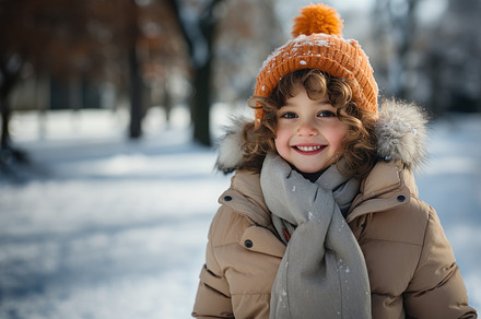 Portrait of a smiling little girl in a warm orange hat and coat, a Person Photo by AS photostudio