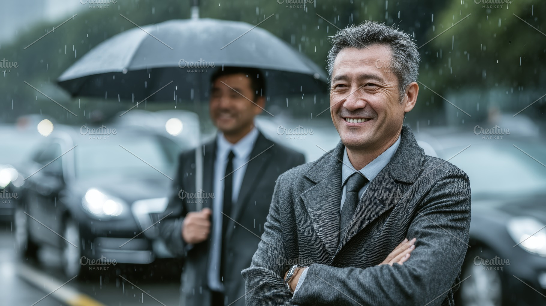 Smiling businessman in rainy weather with a colleague holding an umbrella nearb, a Photo by AS photostudio