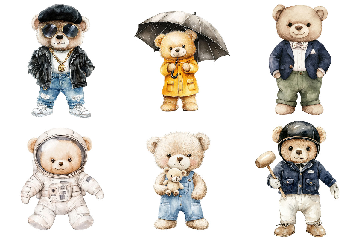 Watercolor Teddy Bear Clipart, a Seasonal Illustration by CitraGraphics (Photo 3 of 6)