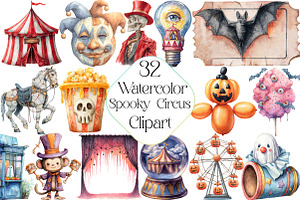 Watercolor Spooky Circus Clipart, an Illustration by DreamPrint404