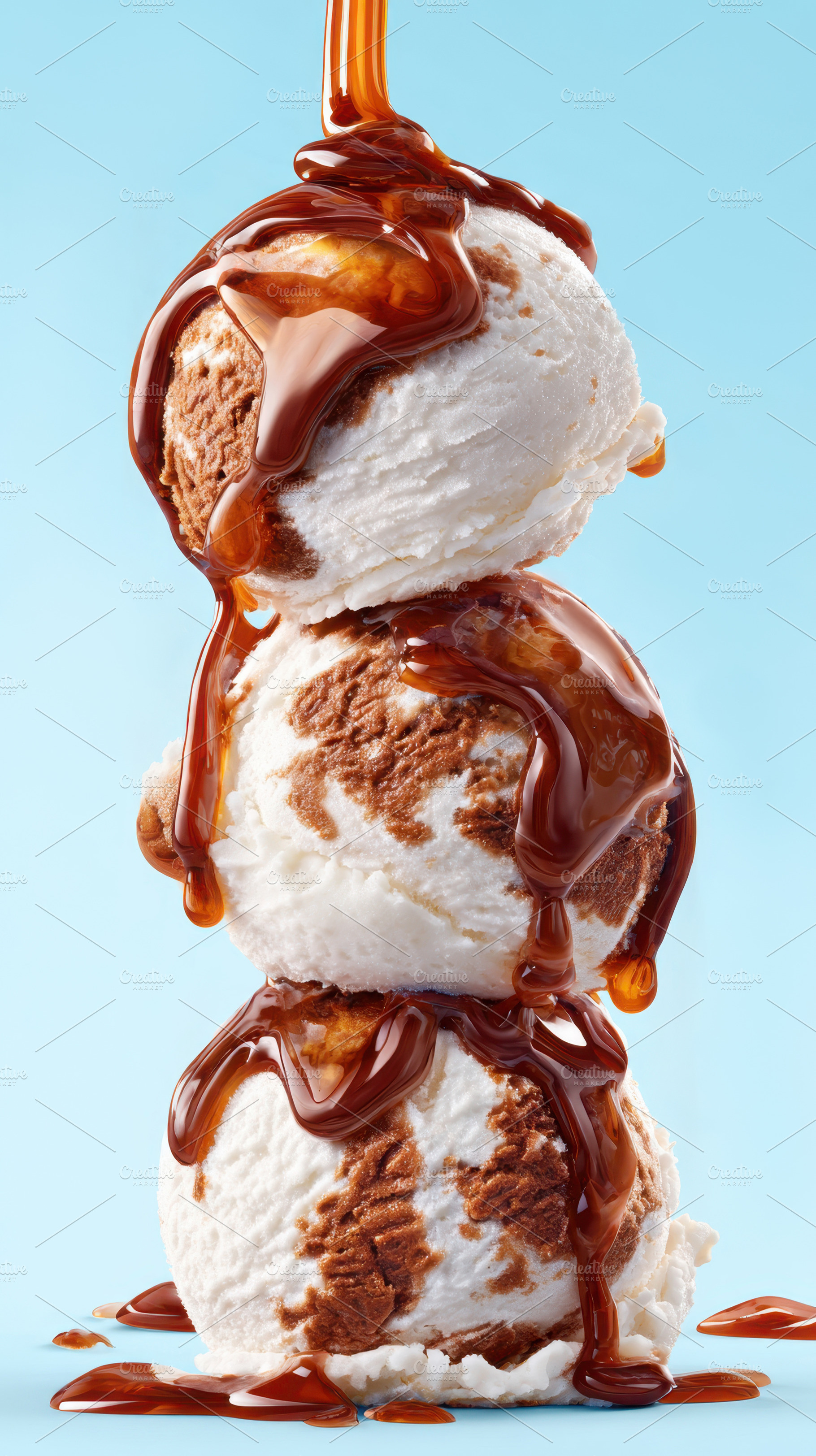 Stacked ice cream scoops with caramel drizzle, a Food & Drink Photo by AlyaAnd