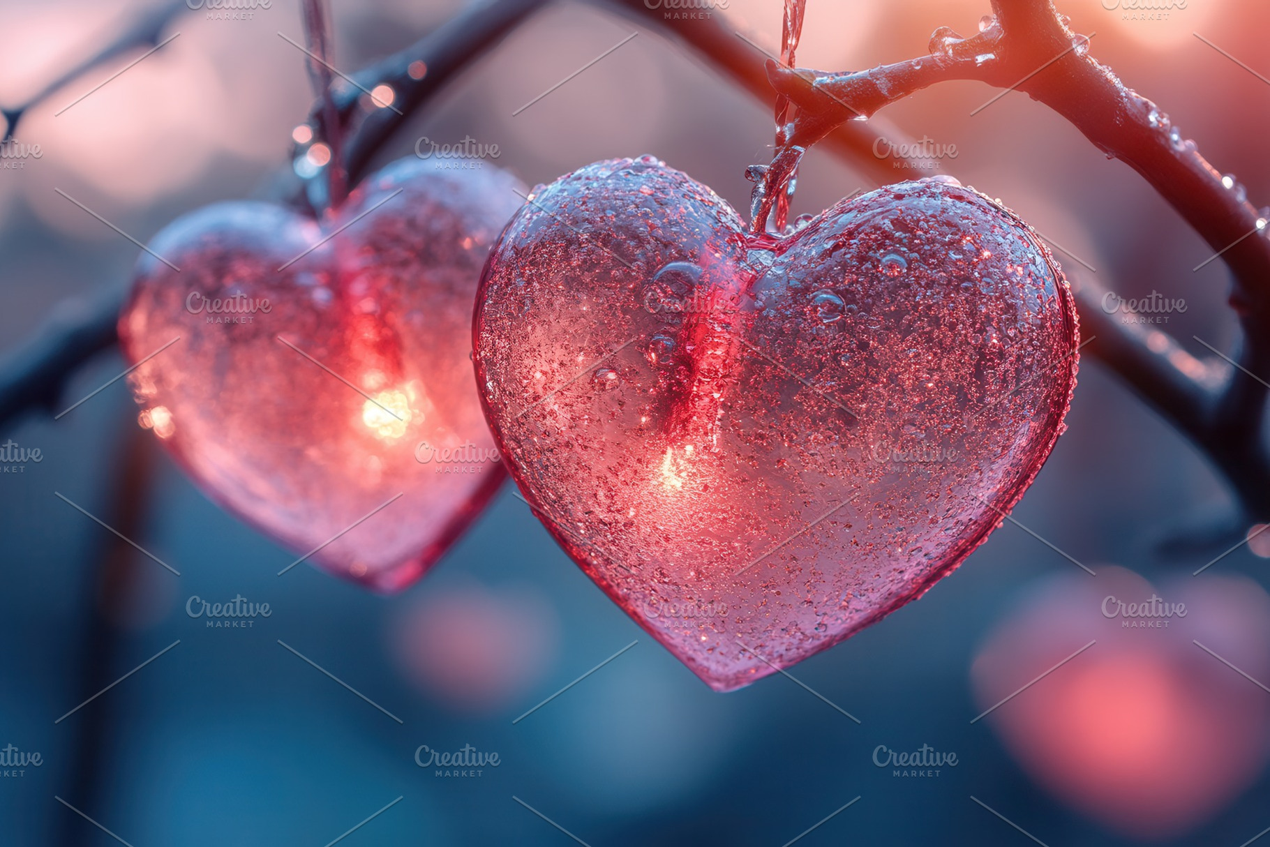 Glowing heart decorations hang from, a Photo by Tanuart