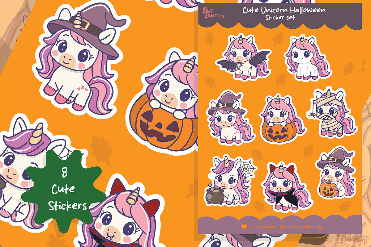 Cute Unicorn Halloween Sticker Set, a Graphic by Dori Debreceni draws (Photo 2 of 4)