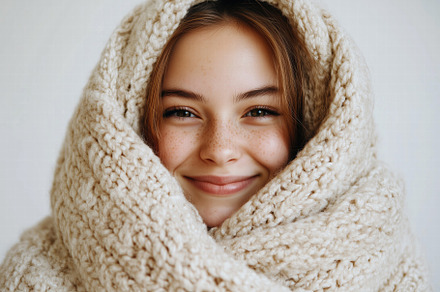 A young girl wrapped in a cozy, knitted blanket, smiling warmly at the camera., a Person Photo by Textures & Backgrounds